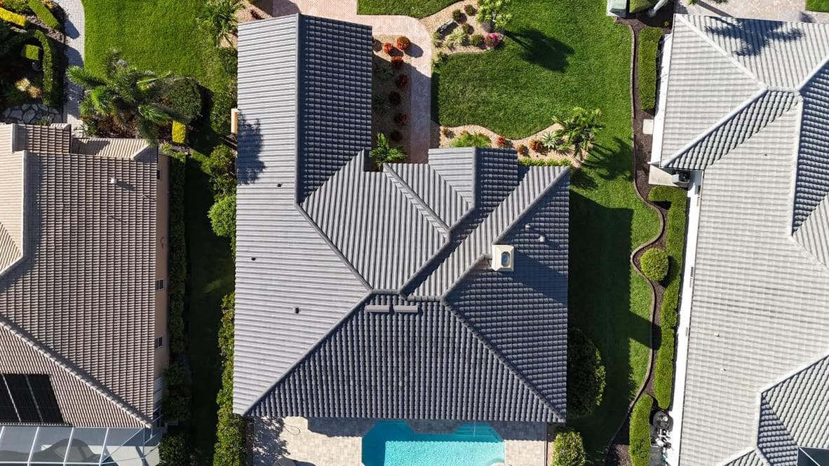 Overhead view of a gray tile roof